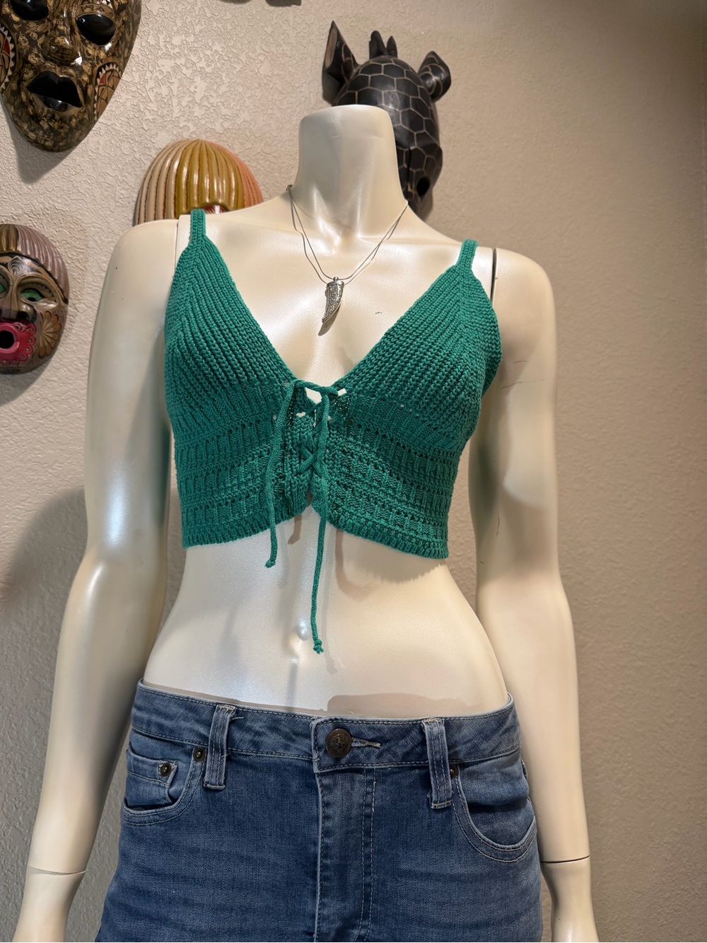 NWT Ambar Green Crochet Lace-Up Crop Top – Boho Festival Bralette